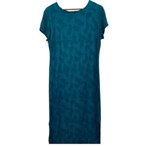 Vintage 1990s Molly Malloy Jacquard Sheath Rayon Midi Dress Teal Blue Size Large